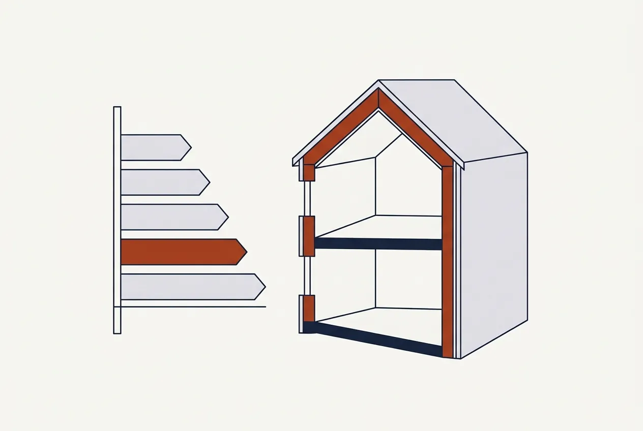 A house alongside a stepped scale of bars, one picked out, standing for an energy rating.