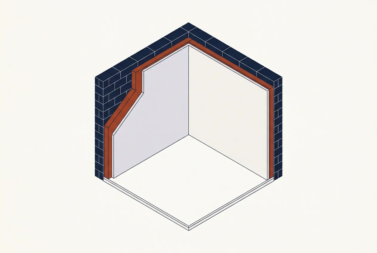 Cutaway of a room corner with insulation and plasterboard added on the room side, making the room slightly smaller.